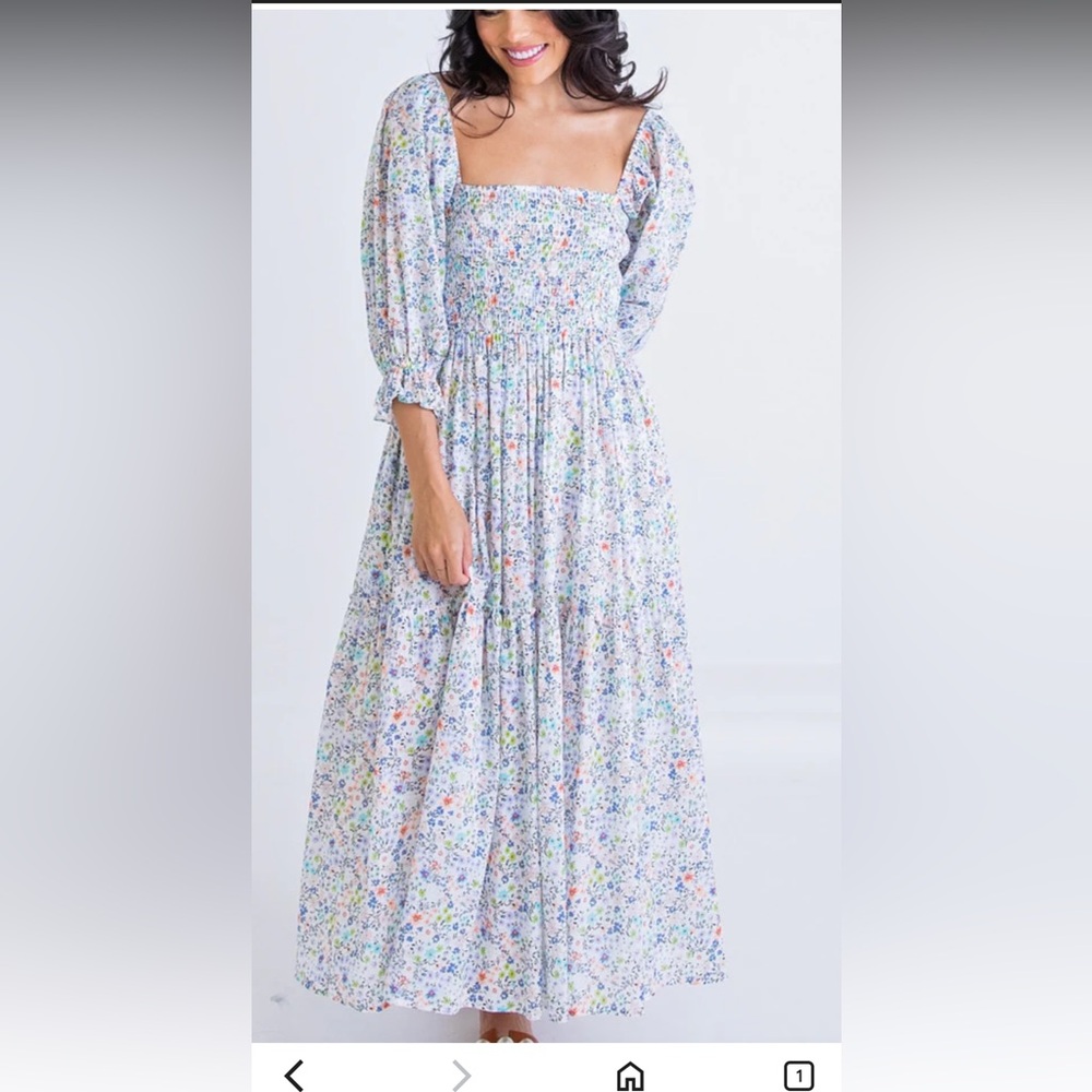 Karlie Blue and White Smocked Sundress with Bishop Sleeves